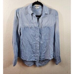Laju Womens XS Blue Light Wash Chambray Long Roll Tab Sleeve Button Up Blouse